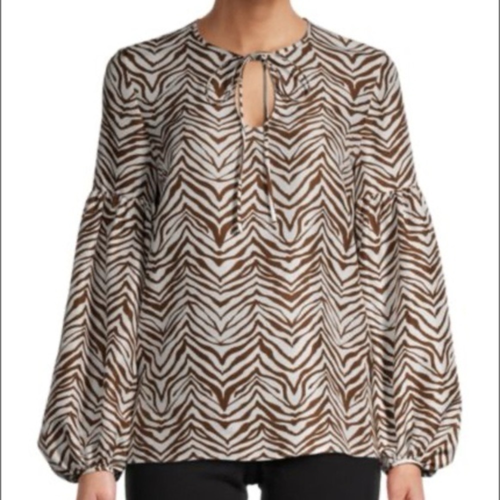 Lafayette 148 Lupe Chevron Brown White Zebra Print Silk Peasant Top Size Small